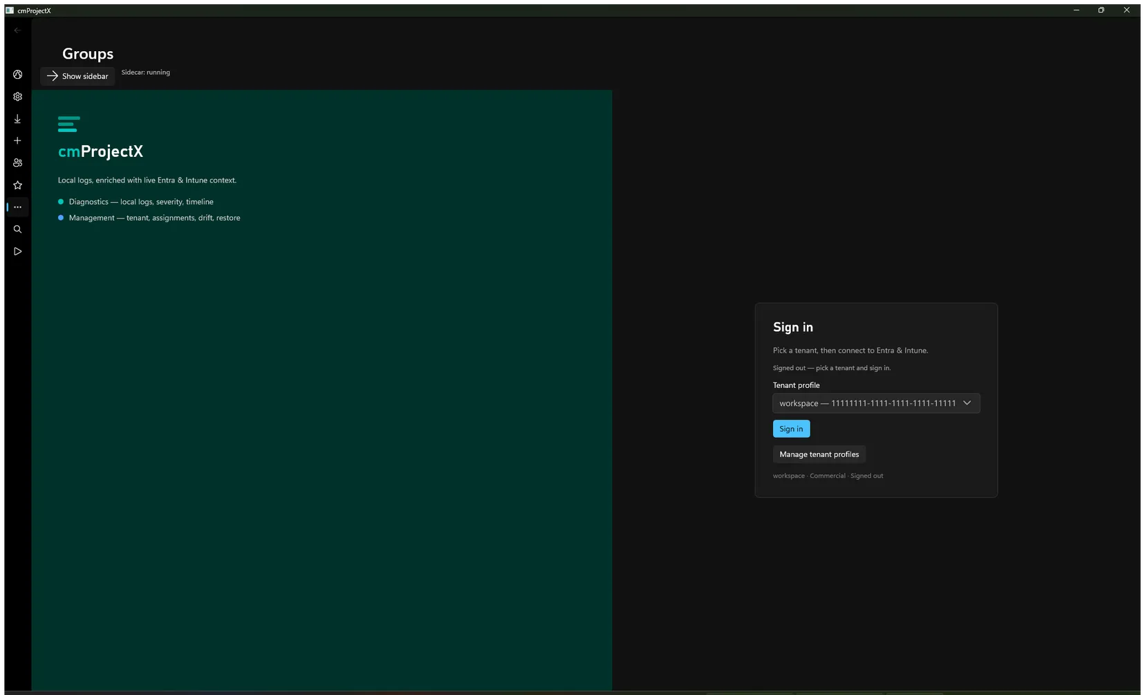 The IntuneCommander desktop app — a grouped navigation rail on the left, the enrichment workspace in the centre, and the Sign in card on the right.