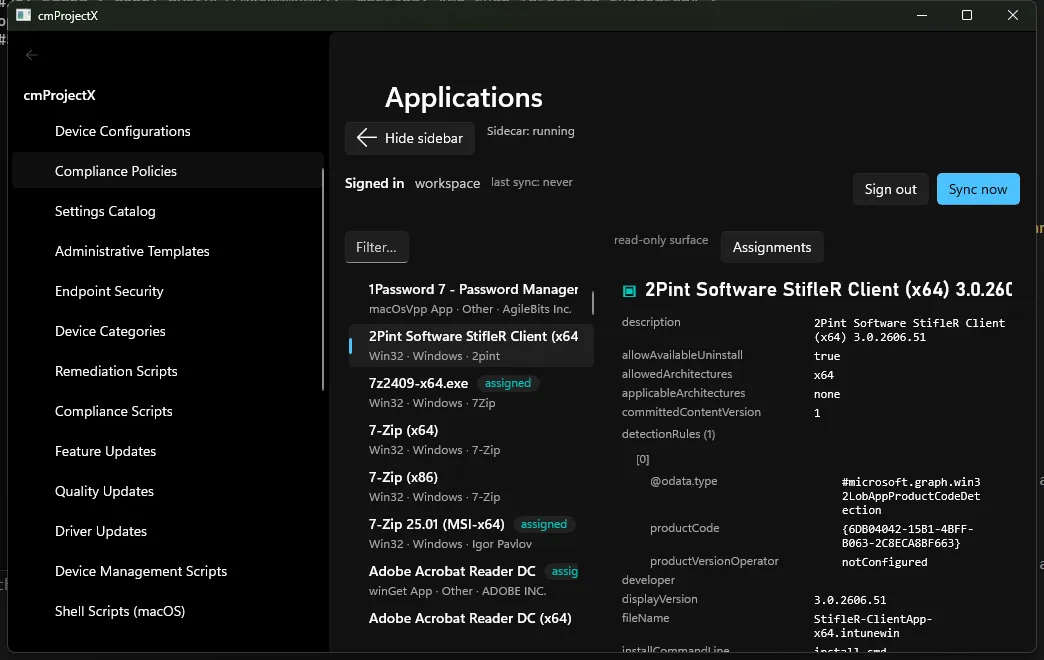 The Applications surface: a normalised list on the left, the selected app's full JSON on the right.