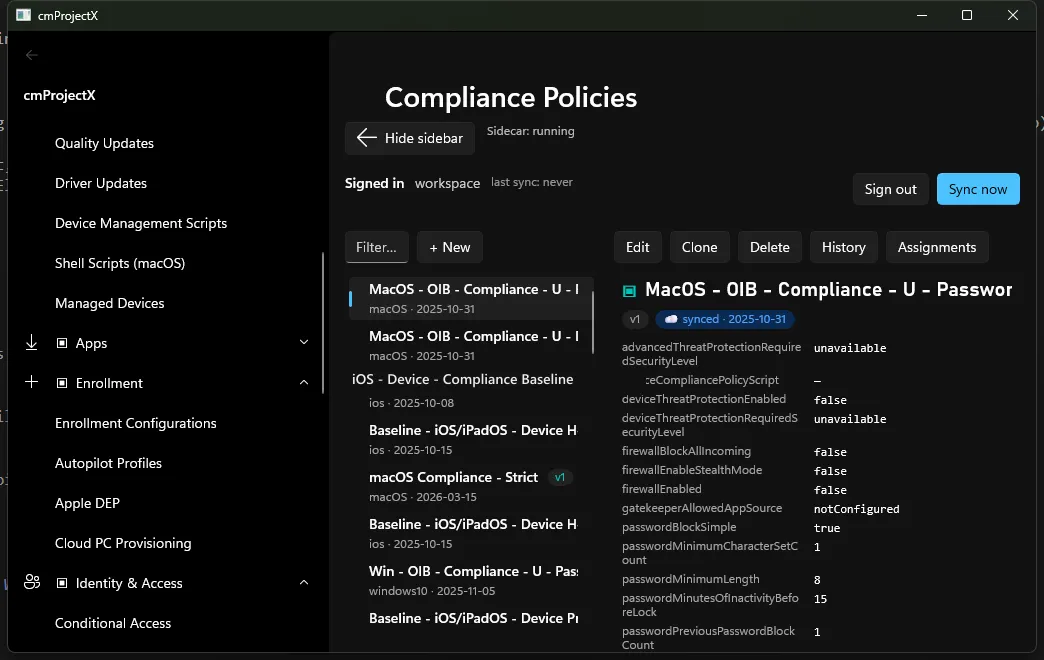 A writable surface (Compliance Policies) with the Edit / Clone / Delete / History / Assignments toolbar.